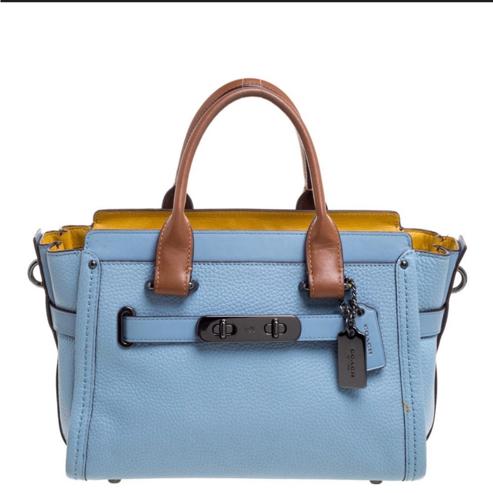 Coach Two-Tone Light Blue Satchel with Tan Handles and Yellow Interior